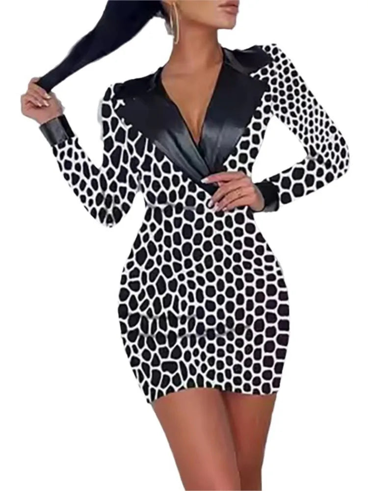 Women's 2024 New Long Sleeved Sexy Wrapped Hip Fashion Splicing PU Suit V-neck Fashion Casual Office Dress - JN Fashion Fusion