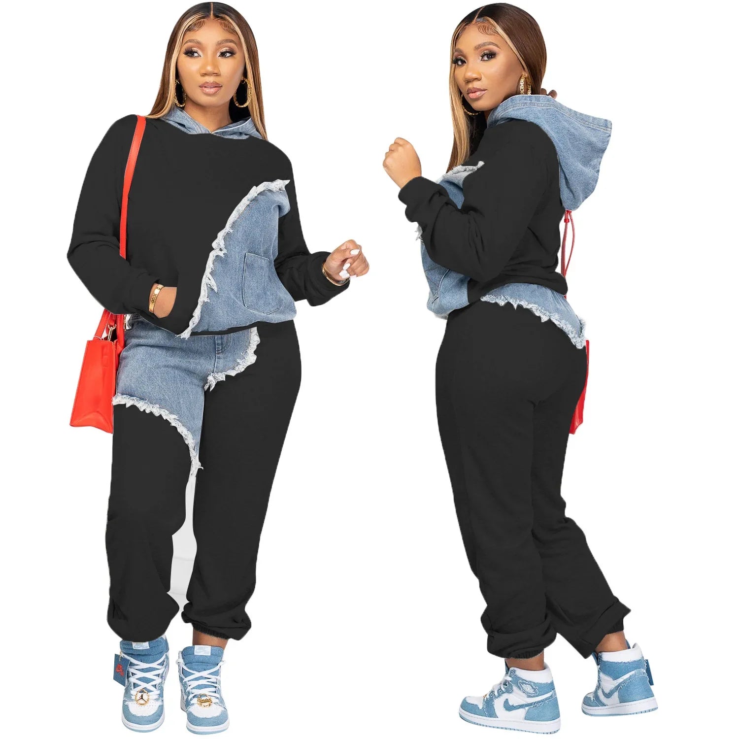 Women Tracksuit Hooded Two Pieces Set Long Sleeve Sweatshirts Pullover Hoodies Print Patchwork Pockets Pencil Pants Sports - JN Fashion Fusion