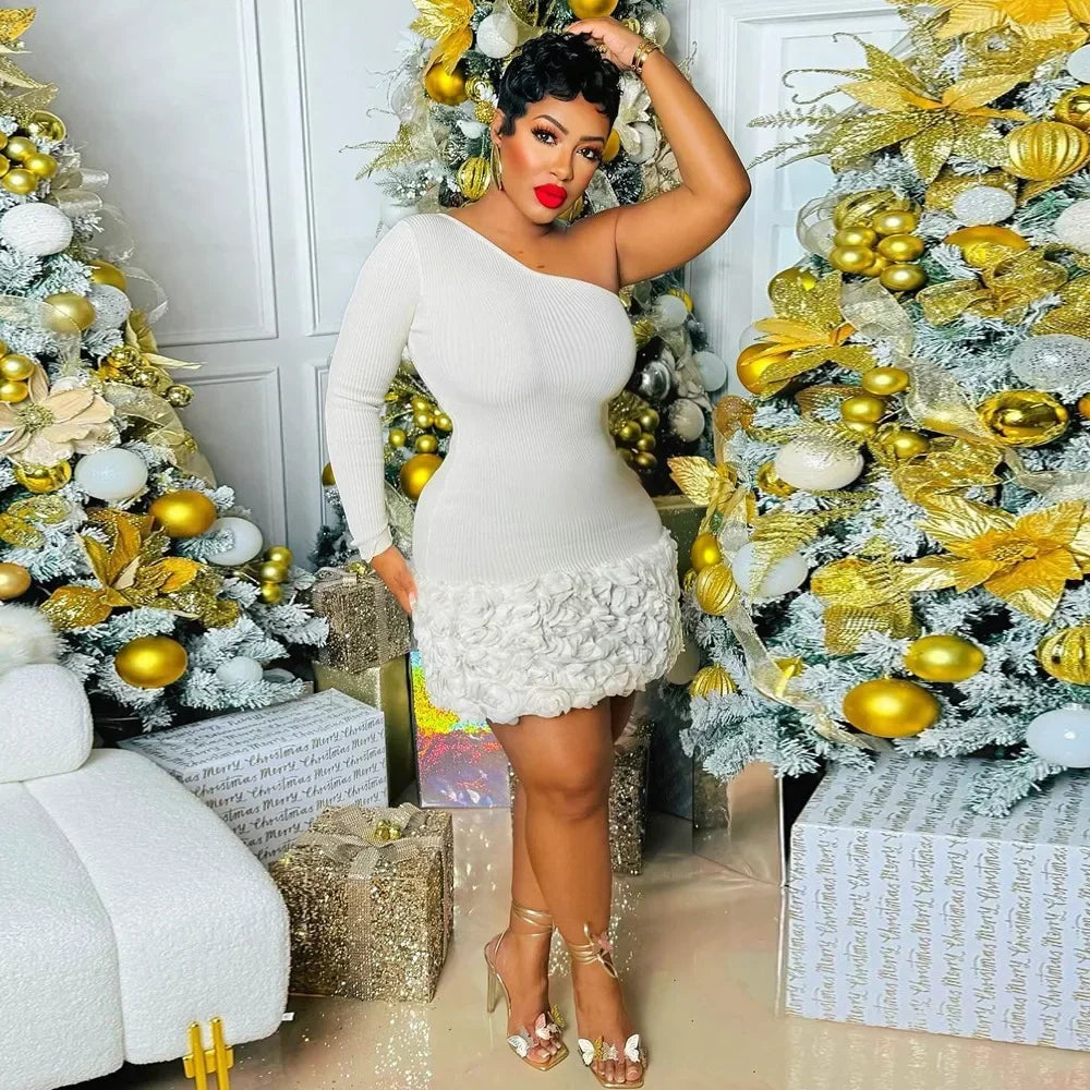 Women Knit Ribbed Rose Floral Applique One Long Sleeve Bodycon Midi Dress 2025 Club Sexy Party Evening Dresses Vestidos - JN Fashion Fusion