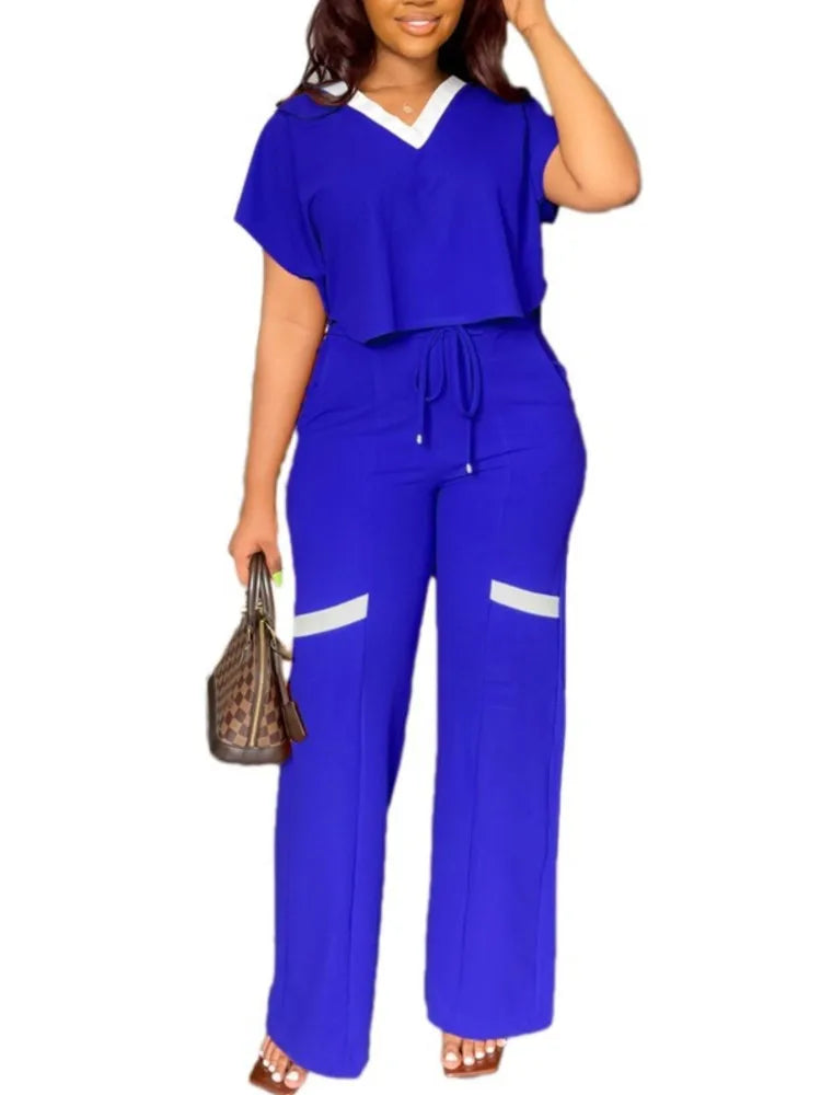 Elegant Women's Casual Short Sleeve T-shirt Sports Suit Summer Fashion Solid V Neck Short Top & Straight Pants Two Piece Sets - JN Fashion Fusion