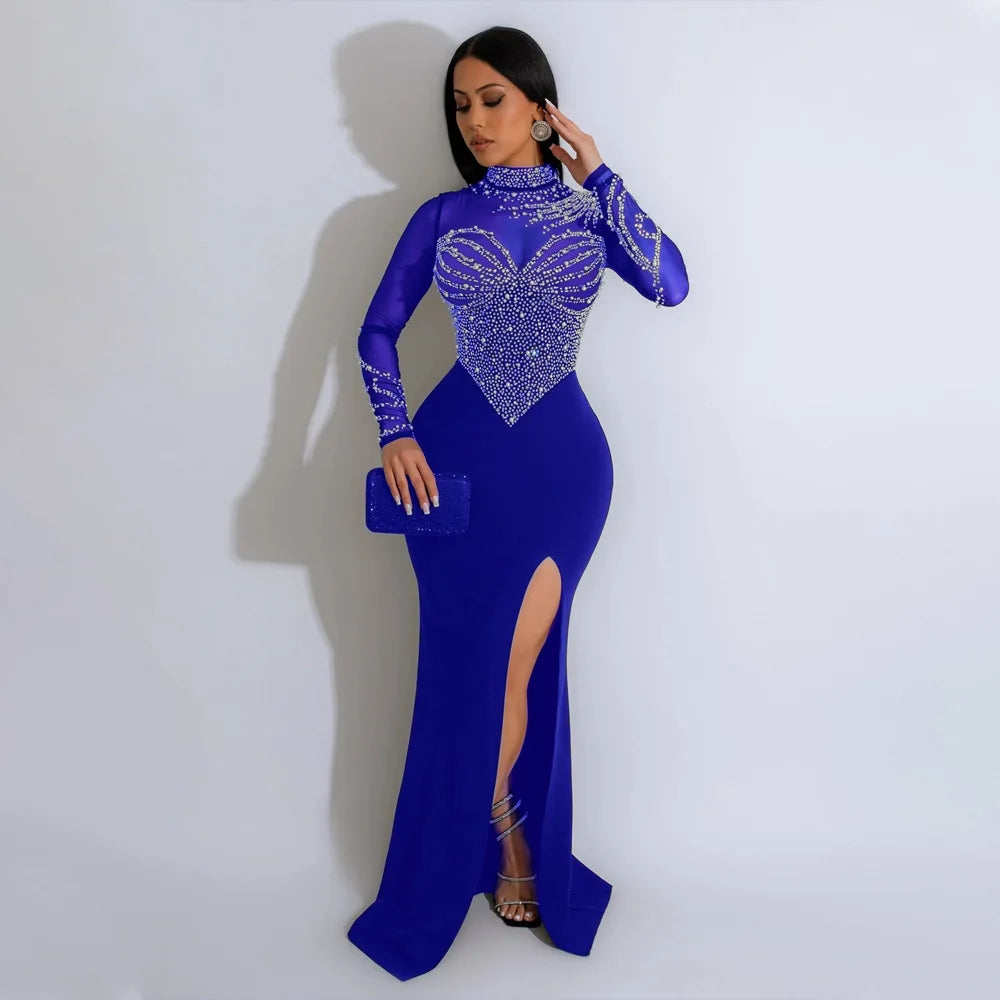 Women Dress Floor Length Dresses Round Neck Full Sleeve Party Gown Hot Drilling Hip Wrap Sexy Slim Fit Vestidos Evening - JN Fashion Fusion