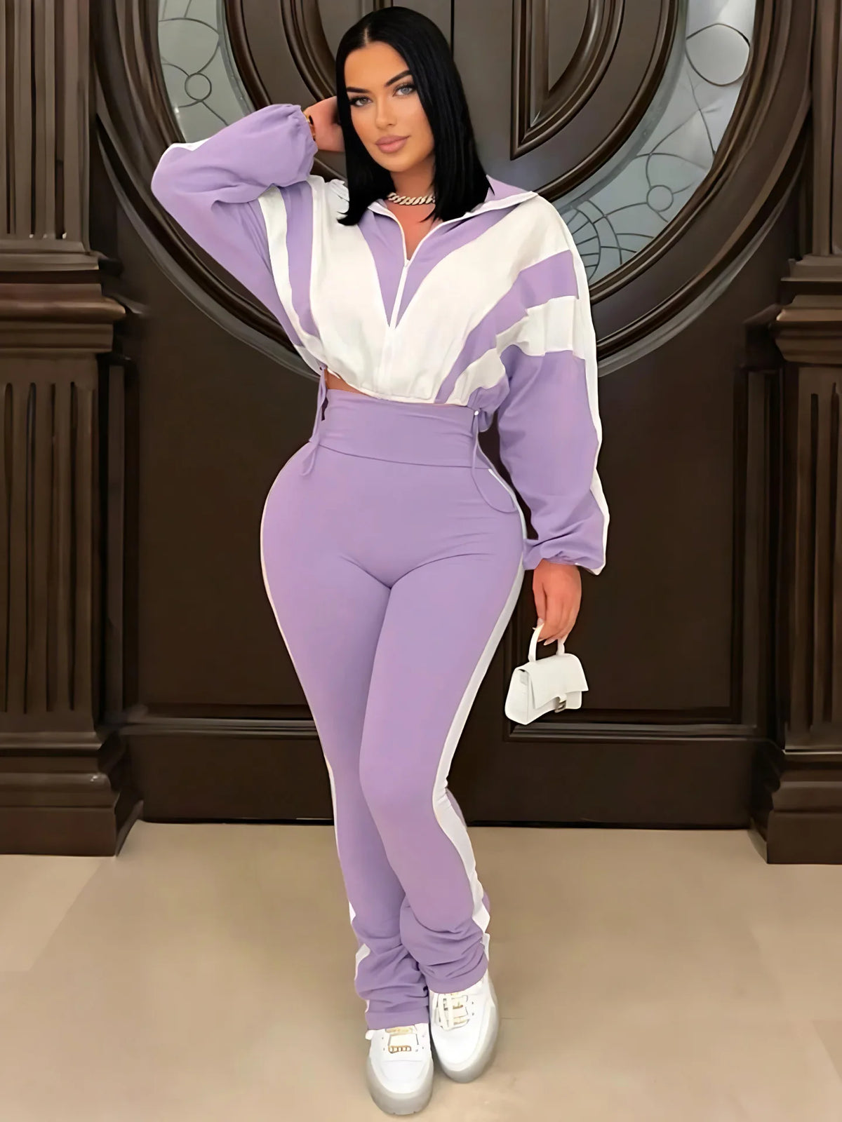 Active Patchwork women's zip-up sweatshirt jacket and long pants set by JN Fashion Fusion, stylish fall tracksuit outfit.