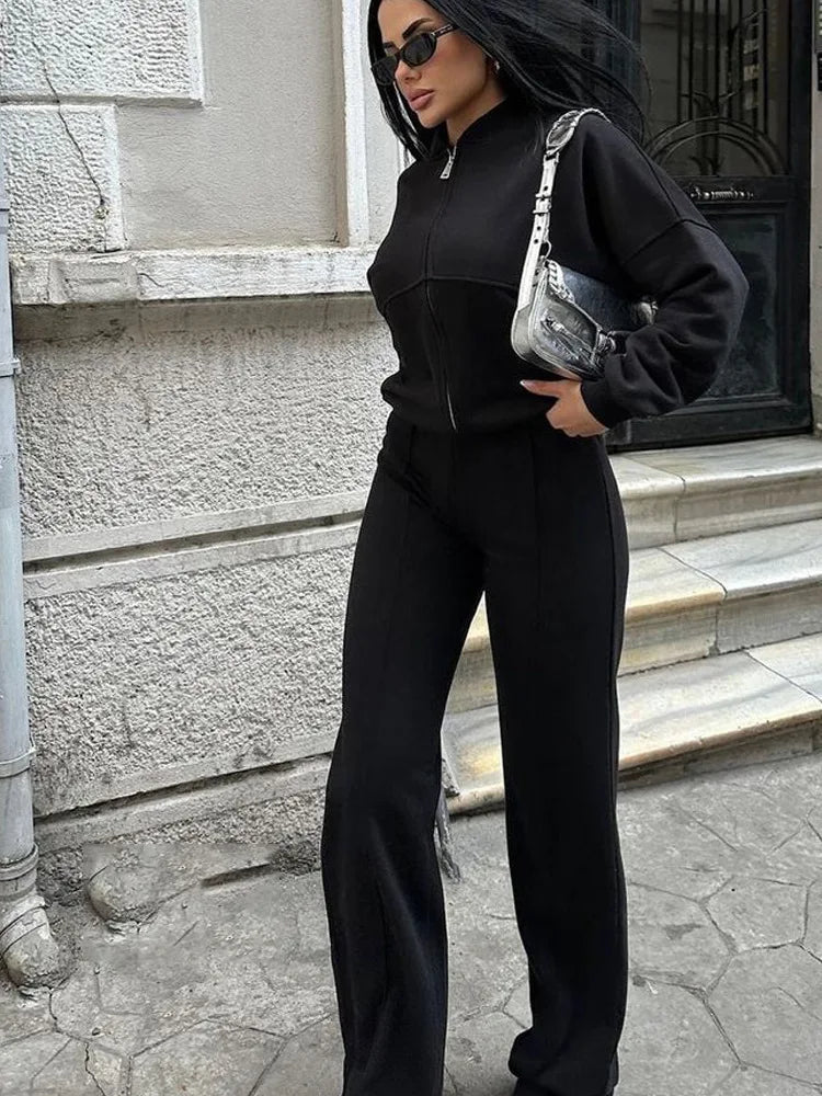 FSMG Casual Sweatshirt Pants Set Solid Zippers Jackets Loose High Waist Lace-up Elastic Waist Trousers Suits Sportswear 2 Pieces - JN Fashion Fusion