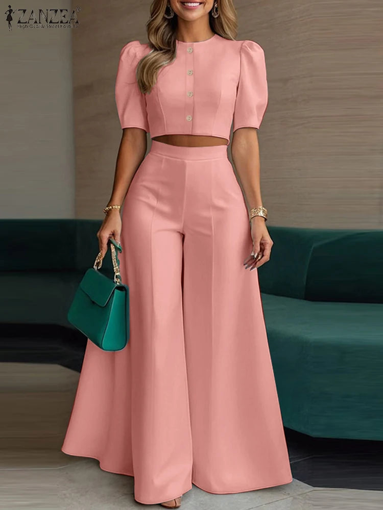 2026 ZANZA Fashion Summer Pant Sets 2PCS Women Outfits Matching Sets Elegant Short Sleeve Blouse OL Work Wide Leg Trousers Suit - JN Fashion Fusion