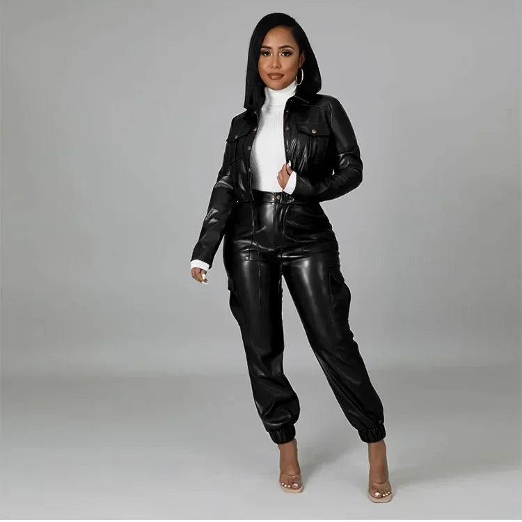 Women’s two-piece pants set with long sleeve cardigan and slim-fit pencil pants from JN Fashion Fusion, featuring pockets and zipper fly.