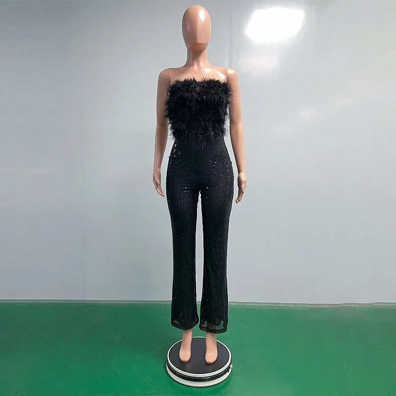 Sliver Bling Bling Sequined Club Jumpsuit Women Strapless Elegant Sparky Gold Sequins Party Romper Overalls