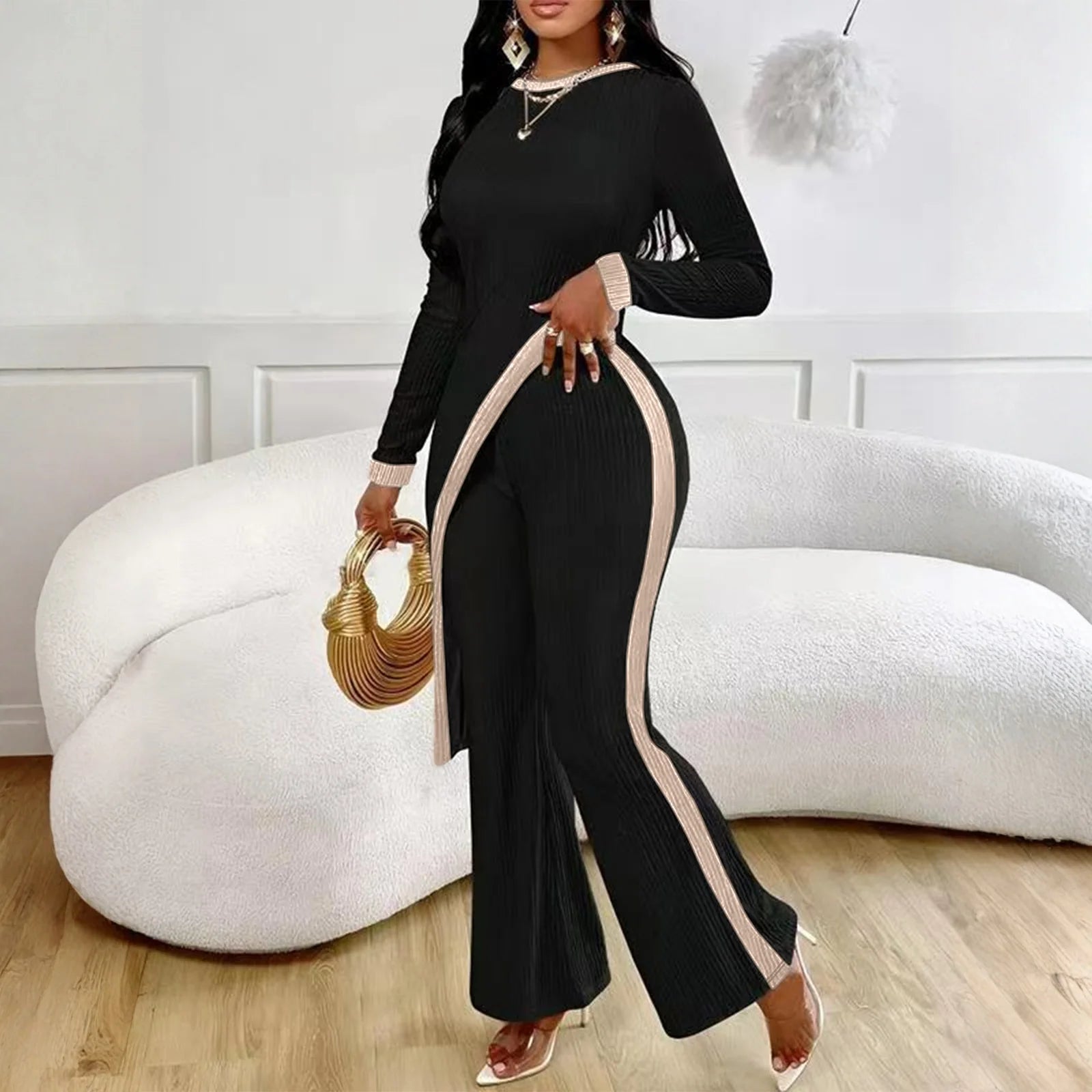 Side Slit Contrasting Long Sleeved Patchwork Pants Set Women'S Casual Suit Spring And Autumn Women'S Set - JN Fashion Fusion