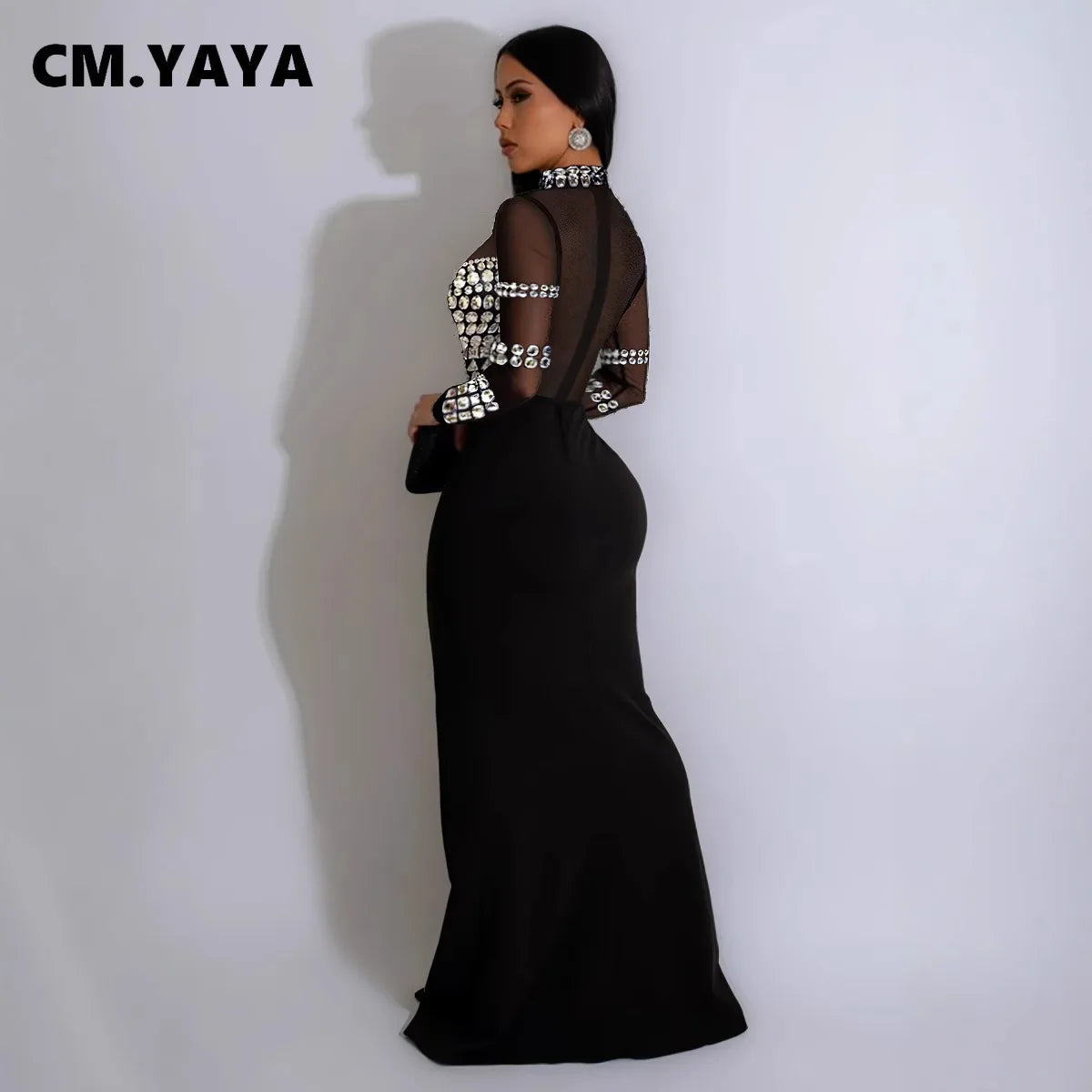 CM.YAYA Women Full Sleeve Diamonds Mesh Rhinestones High Side Split Mermaid Maxi Long Dress Evening Sexy Party Dresses Vestidos - JN Fashion Fusion