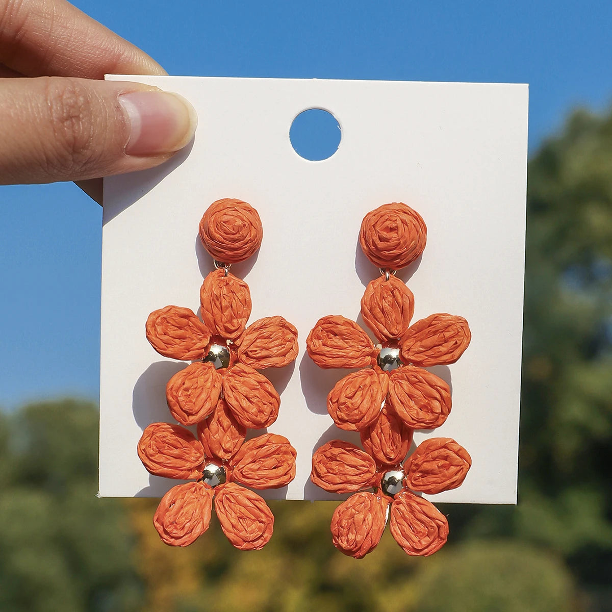 Bohemia Sweet Colorful Raffia Layered Flower Earrings for Women Girls Summer Handmade Rattan Knit Drop Earrings Holiday Jewelry