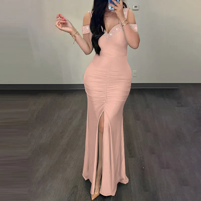 2026 Spring Summer New Women's Clothing Solid Color V-neck Waist Slit Pleated Dress