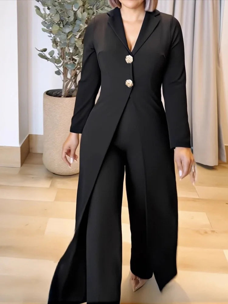 Bla Casual One-Piece Suit Women's Collar Button Long Sve Wide Leg Jumpsuit Low Waist Five-Quarter Length Polyester Fiber