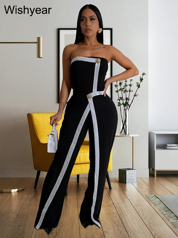 Wishyear Irregular Off Shoulder Sleeveless Strapless Jumpsuits Women Button Patchwork Wide Leg Pants Evening One Piece Outfits - JN Fashion Fusion