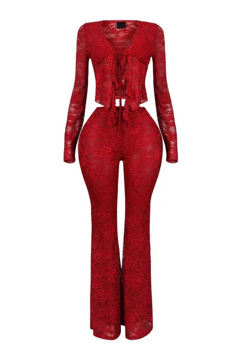 2025 Women's Set Long Sleeve Lace See Through Shirt + Long Pants Street Evening Sexy Two 2Piece Sets Outfits Tracksuit - JN Fashion Fusion