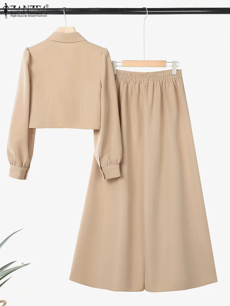 ZANZEA Women Stylish 2 Pieces Pant Sets Long Sleeve Collared Short Shirt & Wide Leg Pant 2pcs Suits Elegant Chic Sets Outfits - JN Fashion Fusion