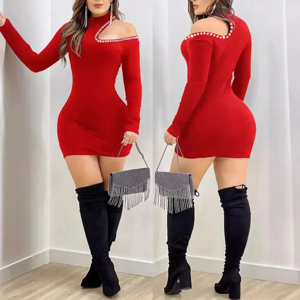 Women's Clothing Hollow Hot Drilling Midi Dress Long Sleeve Solid Color Sexy Bodycon Fashion Summer Dress - JN Fashion Fusion