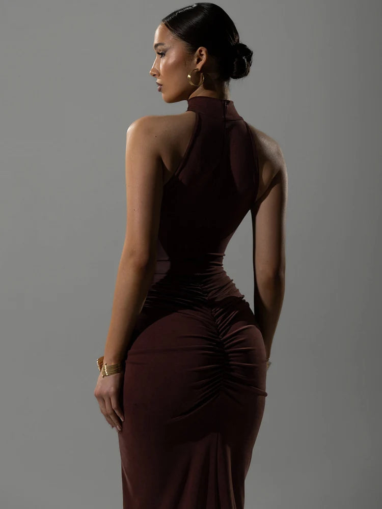 Mozision Halter Ruched Sleeveless Sexy Maxi Dress Women Gown Fashion Slim High Waist Evening Club Party Split Long Dress - JN Fashion Fusion