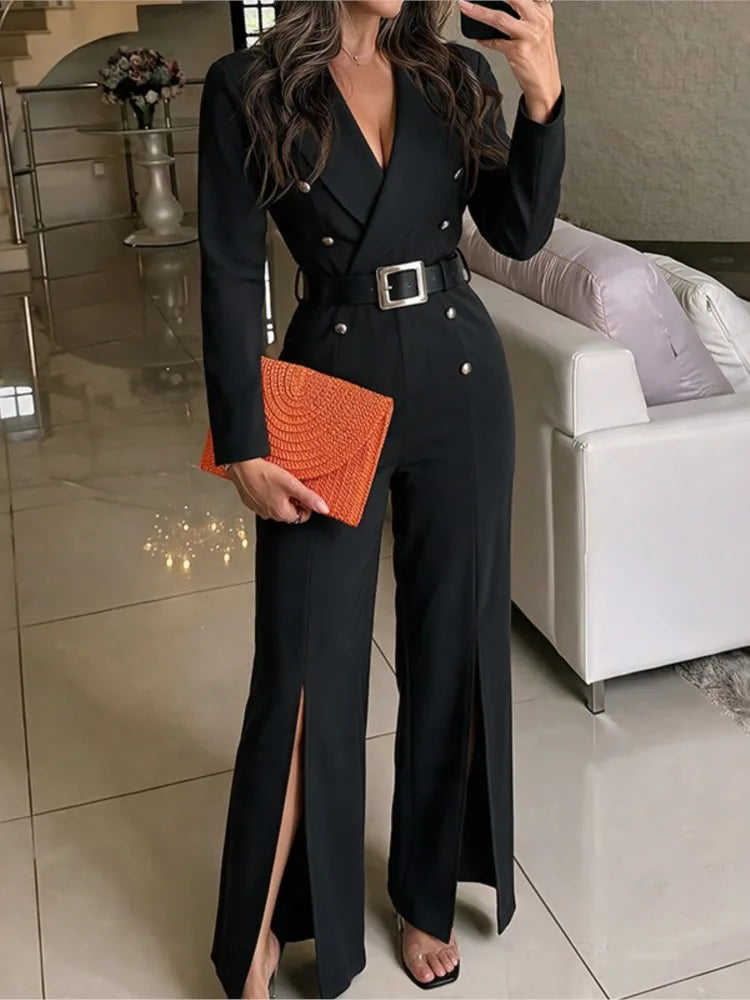 Elegant High Waist Belted Slit Jumpsuit 2026 New Autumn And Winter Women's Fashion Casual Solid Color Jumpsuit Female