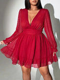 New Sexy V-Neck Short Dress Plus Size Solid Polka Dot Long-Sleeve American Slim A-Line Skirt Elegant Party Women's Evening Dress - JN Fashion Fusion