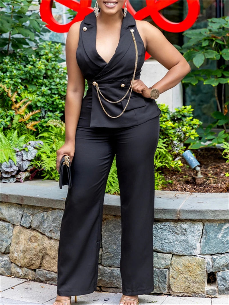 Elegant Blazer Jumpsuits Summer Clothes Women Sleeveless V-Neck Straight Pants Rompers Playsuits OL Style One Pieces Overalls - JN Fashion Fusion
