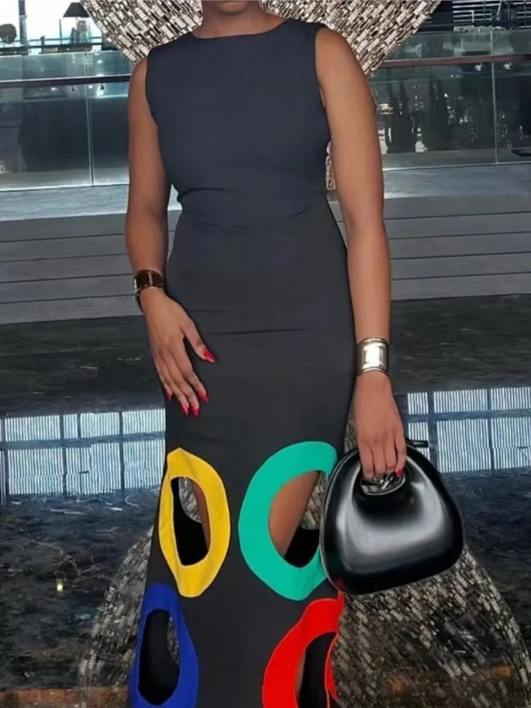 Fashion O-neck Sleeveless Waist Dress For Women Elegant Spring Summer Slim Fit Hollow Positioning Printing Casual Dresses Female - JN Fashion Fusion
