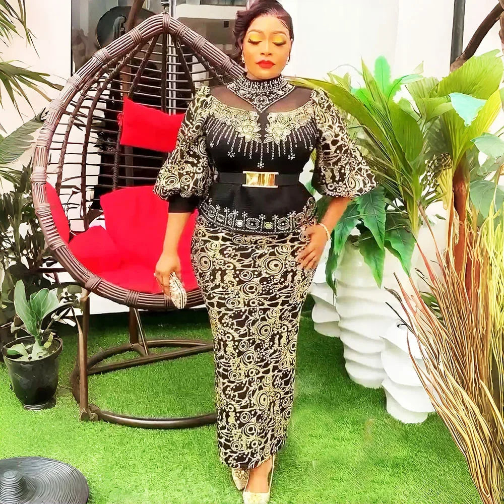 2026 African Party Evening Wedding Dresses for Women Spring African Half Sleeve Diamond Polyester Long Maxi Dresses Outfits