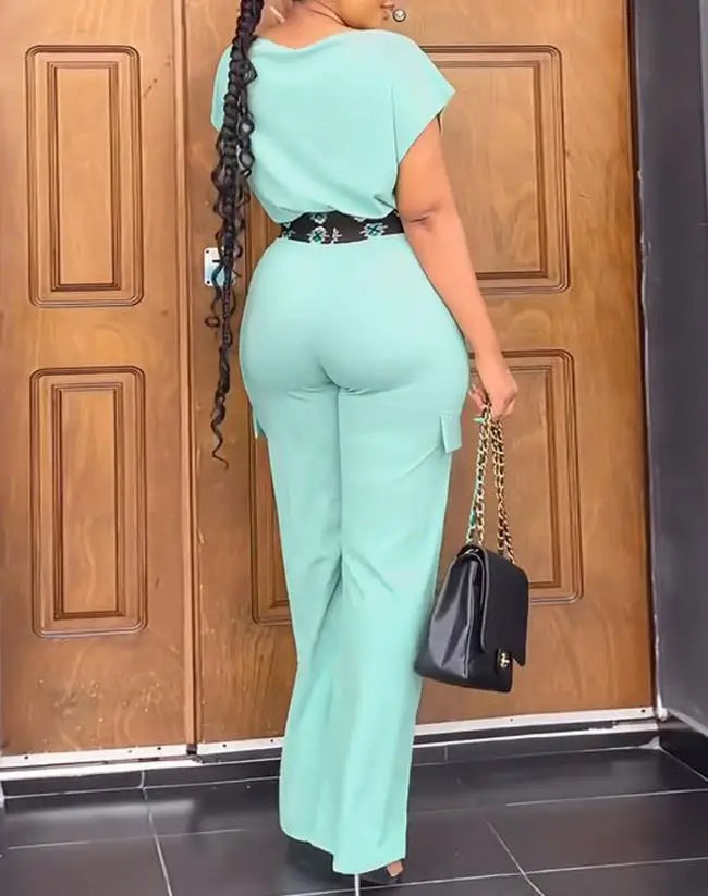 Two Piece Sets Women Outifit 2023 Summer Fashion Geometric Print Boat Neck Short Sleeve Crop Top & Casual Pocket Daily Pants Set - JN Fashion Fusion