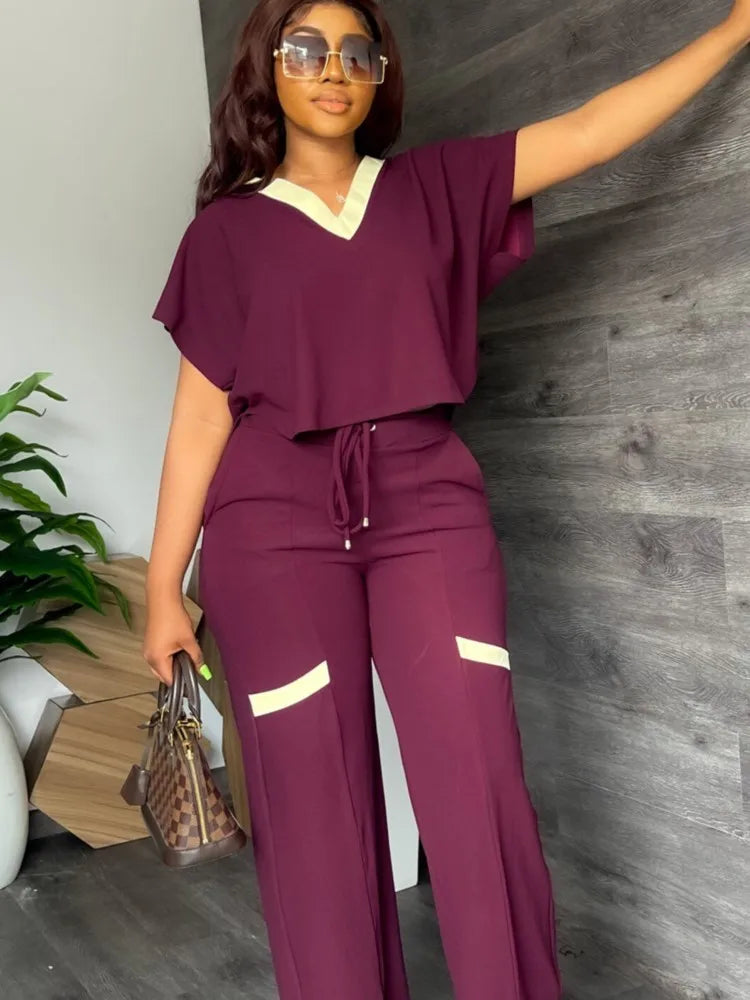 Elegant Women's Casual Short Sleeve T-shirt Sports Suit Summer Fashion Solid V Neck Short Top & Straight Pants Two Piece Sets - JN Fashion Fusion