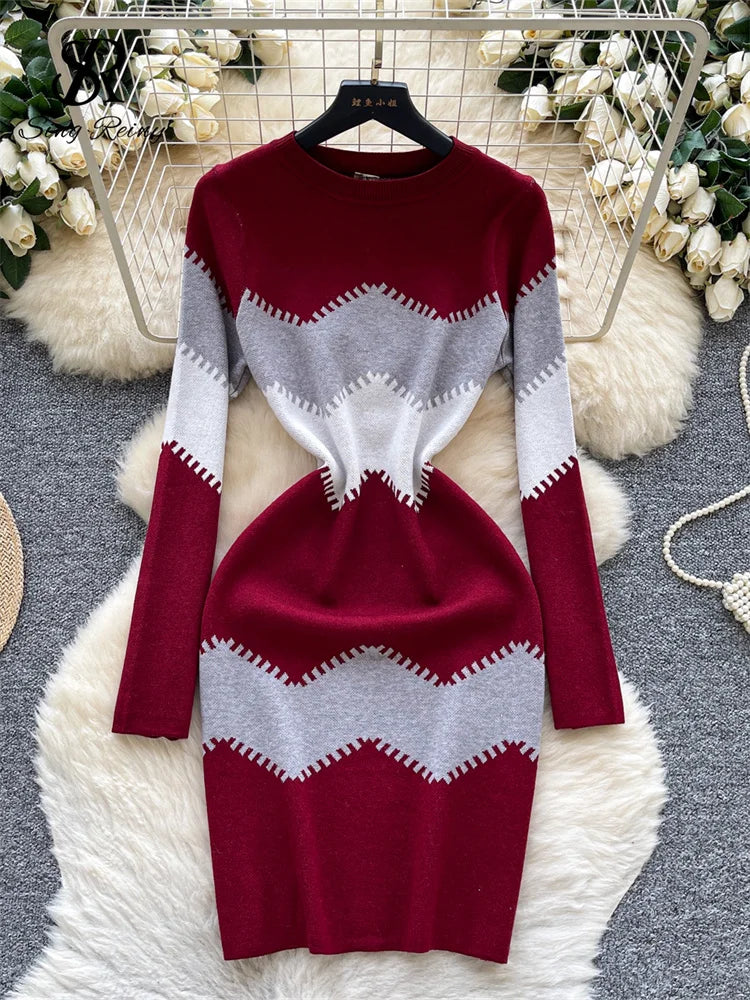 SINGREINY Wave Print Sweater Midi Dress Women O Neck Long Sleeves Elastic Slim Fit Design Chic Color Block Autumn Knitting Dress - JN Fashion Fusion