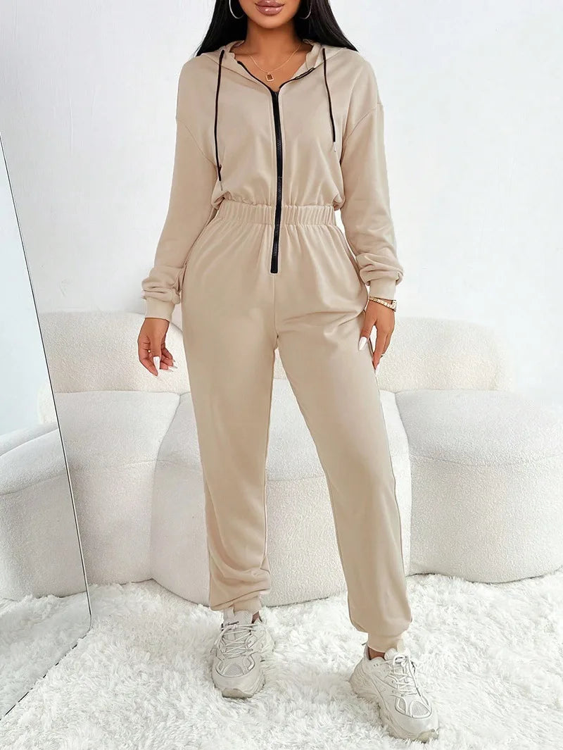 2026 Autumn And Winter New Women's Fashion Solid Color Drawstring Zipper Hooded Jumpsuit Casual Matching