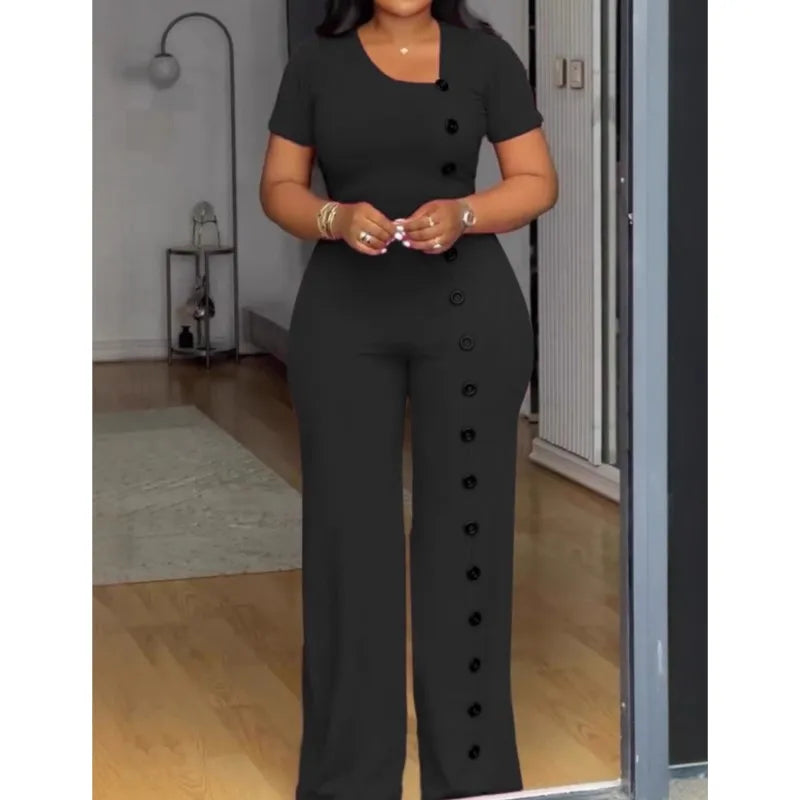 Women's Elegant Long Jumpsuits Summer Short Sleeve Buttons Solid Color Wide Leg Pants Rompers Female One Pieces Party Overalls