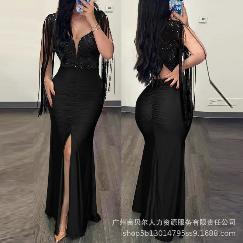 2026 Spring Summer New Women's Clothing Solid Color V-neck Waist Slit Pleated Dress