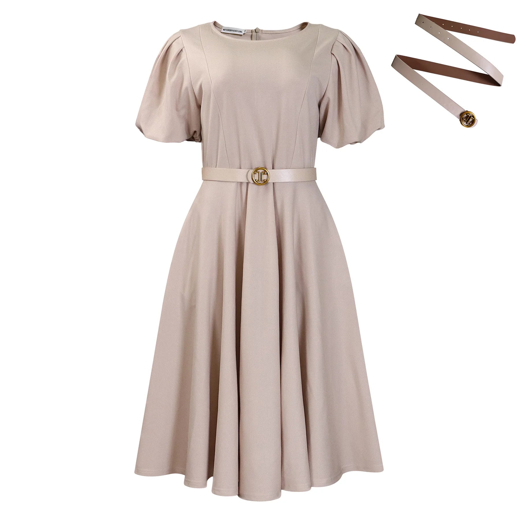 Women's Elegant High-Waisted Puffed Sleeve Summer Dress 2026 Solid Color round Neck Large Skirt Hem Fashionable Casual Dress