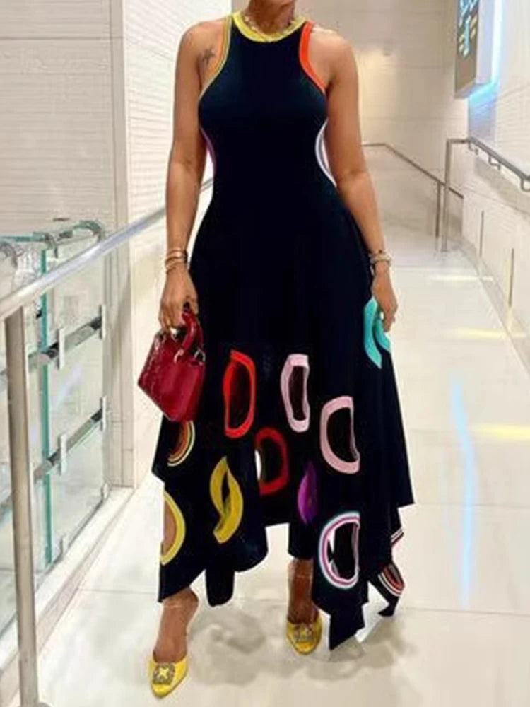Women's Circle Hollow Out Tank Dress Round Neck Asymmetric Hem Pleated A-Line Casual Elegant Sleeveless High Street Sexy Dress - JN Fashion Fusion