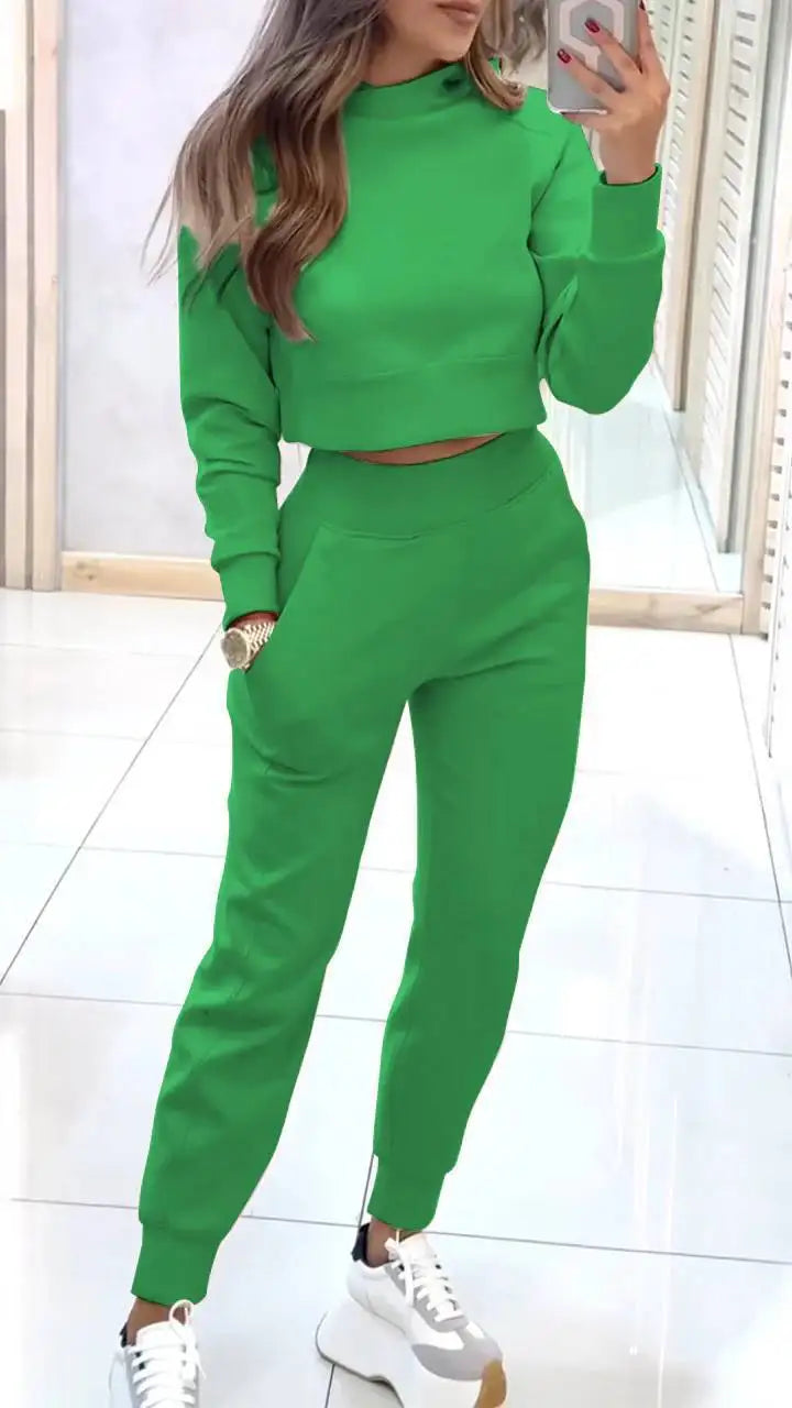 2025 New Women's 2-piece Long-sleeved Short Sweatshirt Turtleneck Fashion Casual Elastic Waist Slim Pant Sets - JN Fashion Fusion