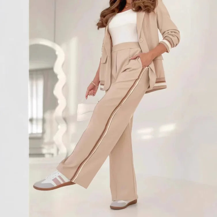 JN Fashion Fusion women's wide-leg pant set featuring high-waist trousers, button coat, patchwork design, pockets, and sporty style.
