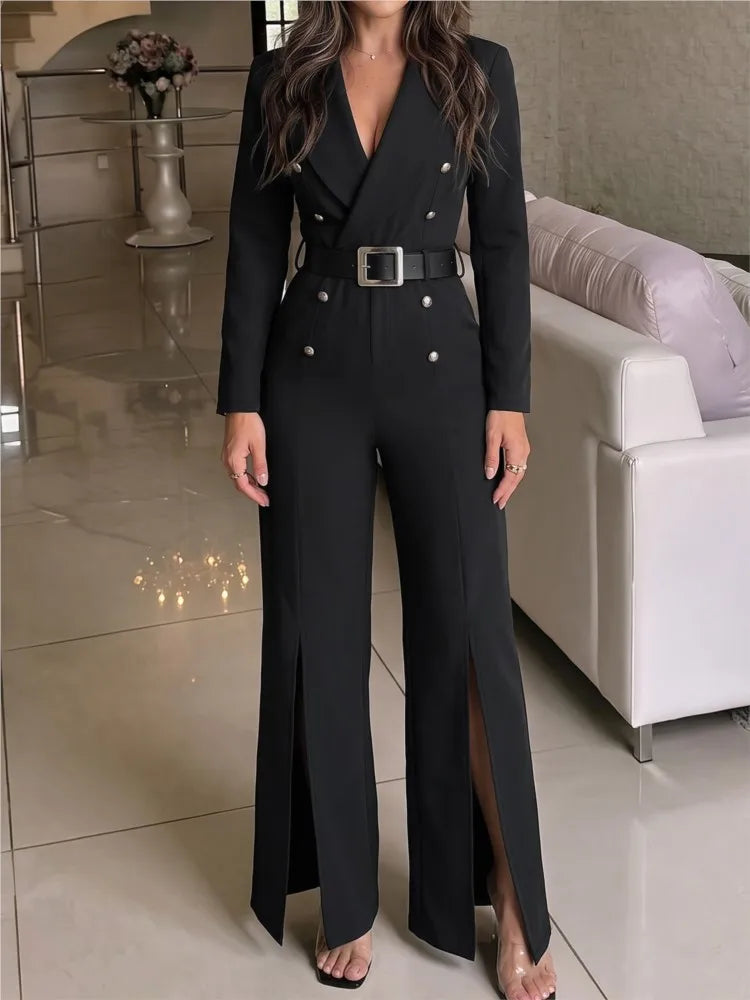 Elegant High Waist Belted Slit Jumpsuit 2026 New Autumn And Winter Women's Fashion Casual Solid Color Jumpsuit Female