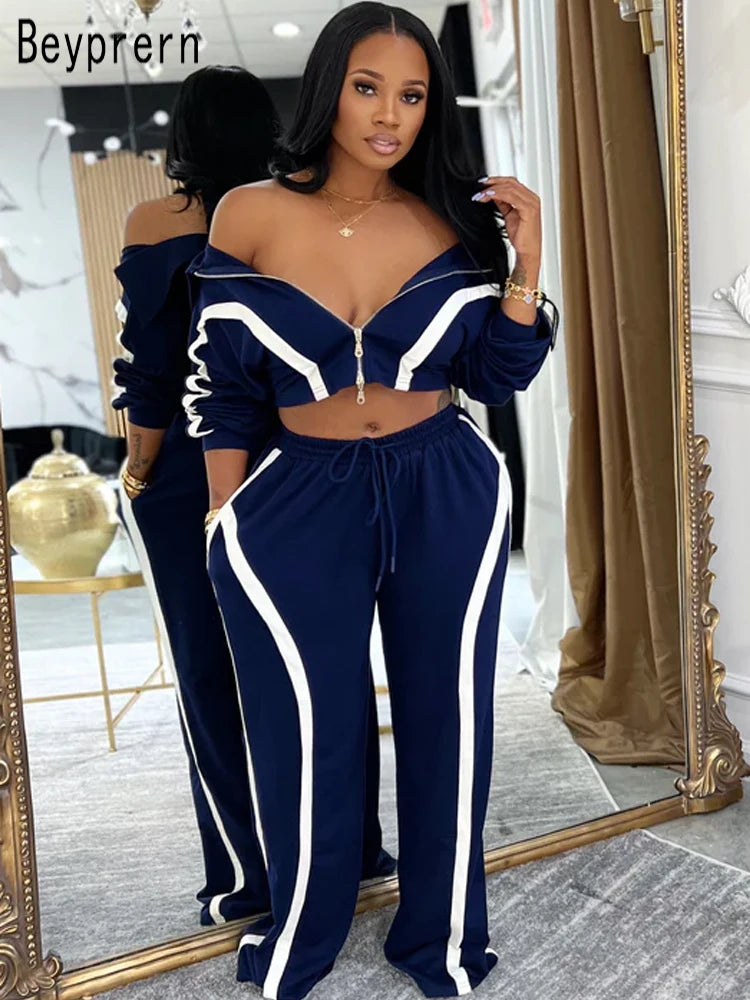 Beyprern Womens Striped Patchwork Contrast Color Zippers Cropped Jacket+Wide Legs Pants Set Sporty Jogger Suits Set Overalls - JN Fashion Fusion