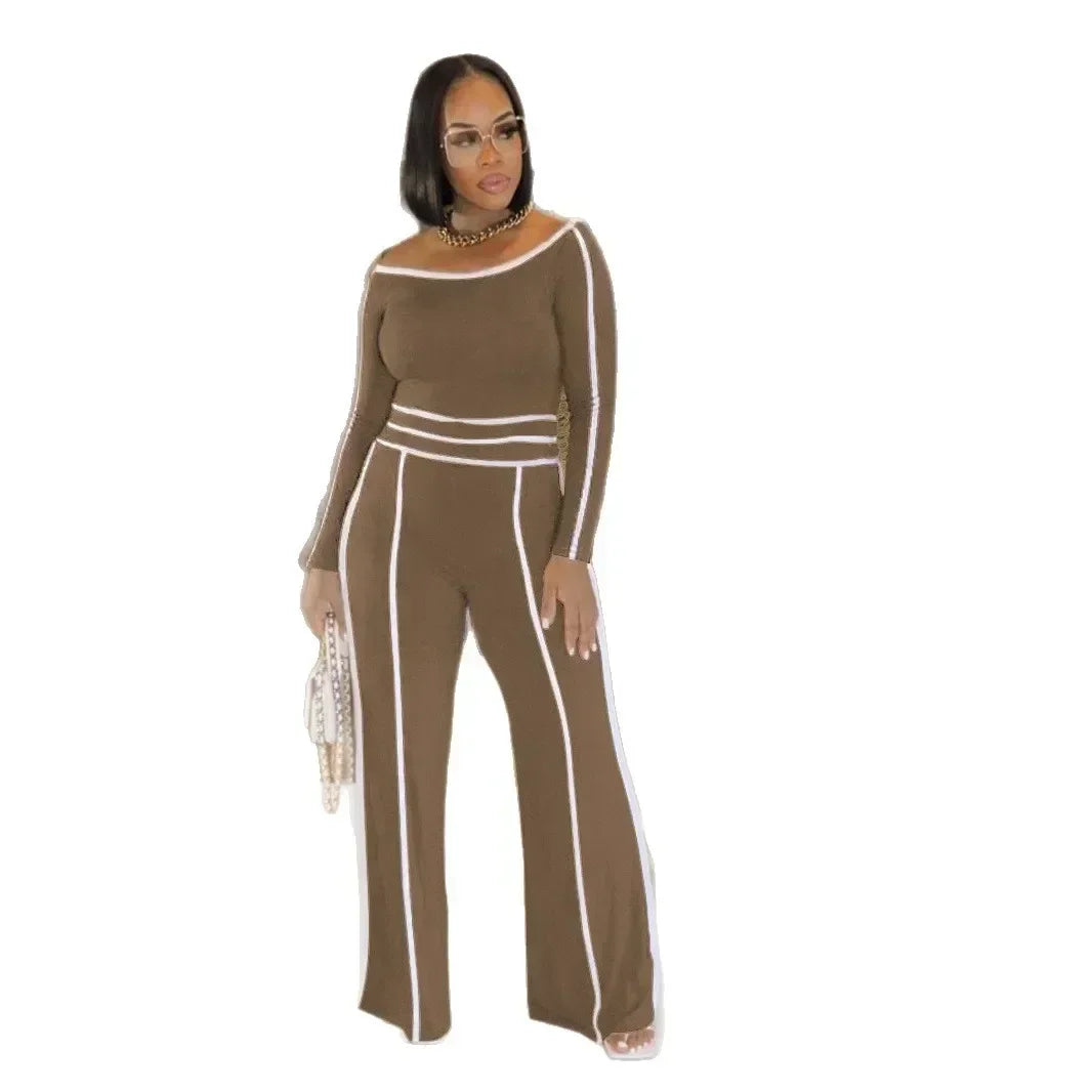 JN Fashion Fusion high-waist wide-leg pants with elastic waistband, paired with long-sleeve top, perfect for commuting and leisure.