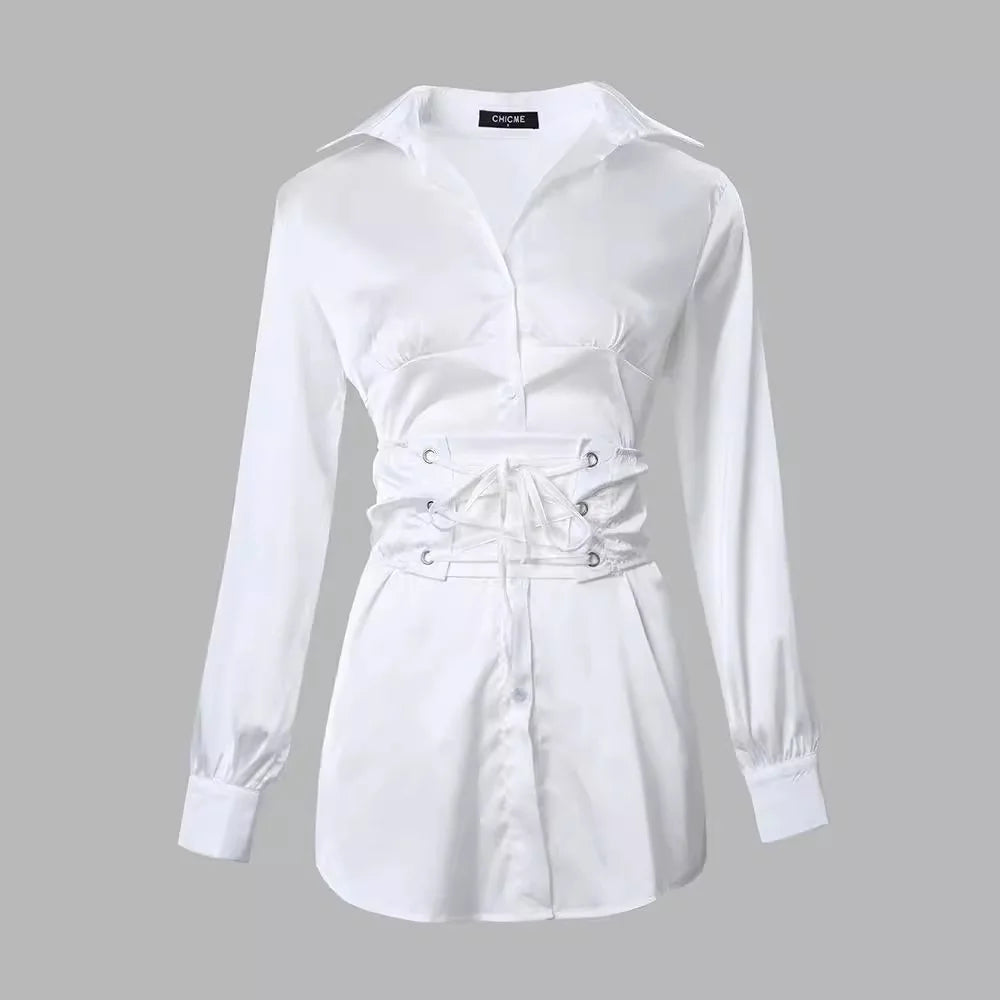 Women's Clothing Fashion Solid Color White Lace-up Shirt Dress Long Sleeve Summer Mini Dress Sexy - JN Fashion Fusion