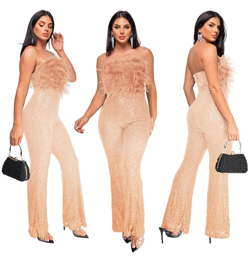 Sliver Bling Bling Sequined Club Jumpsuit Women Strapless Elegant Sparky Gold Sequins Party Romper Overalls