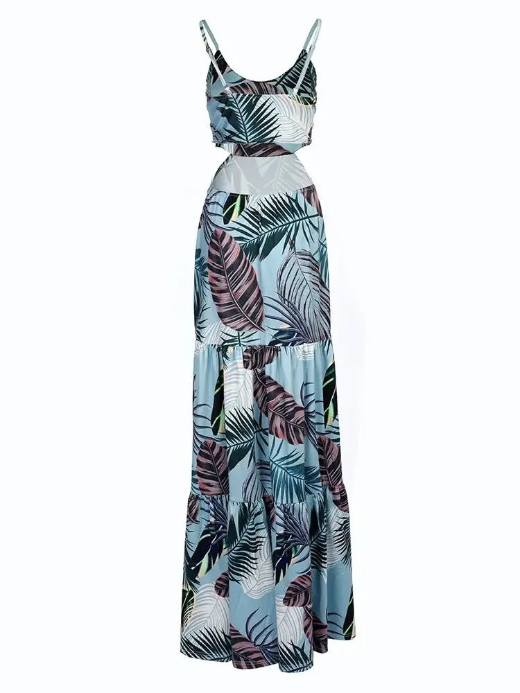 Casual Women's V-neck Pencil Sleeveless Bodycon Long Dress Summer Fashion Floral Spaghetti Strap Back Hollow Out Slim Maxi Dress - JN Fashion Fusion