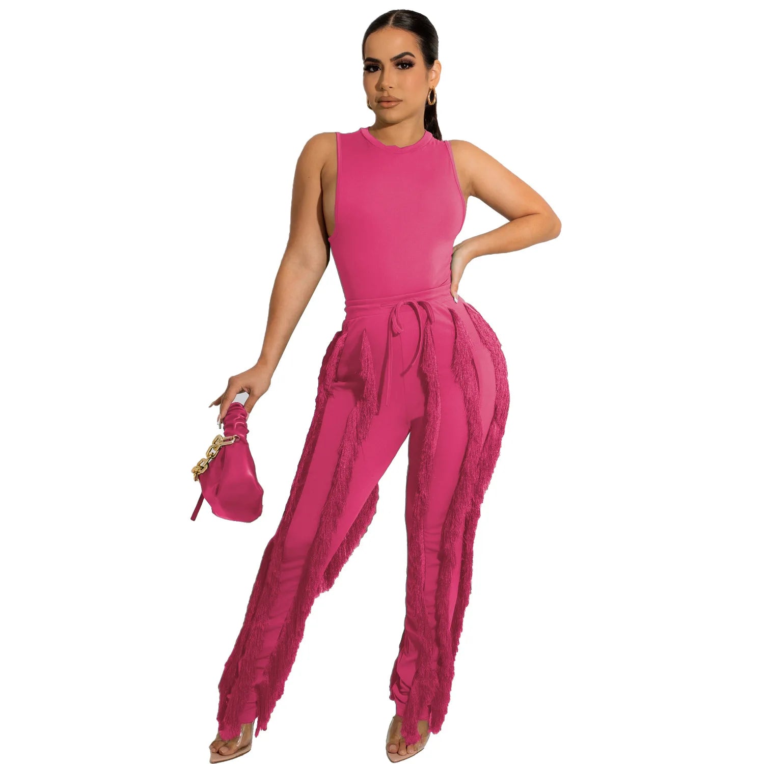 Elegant Women's Tracksuit Tank Top and Tassel Side Straight Pants Suit Streetwear 2026 INS Two 2 Piece Set Outfits - JN Fashion Fusion