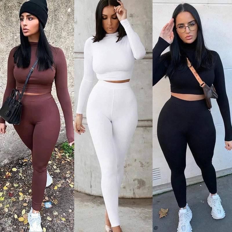 Two Piece Sets Women Solid Autumn Tracksuits High Waist Stretchy Sportswear Hot Crop Tops And Leggings Matching Outfits - JN Fashion Fusion