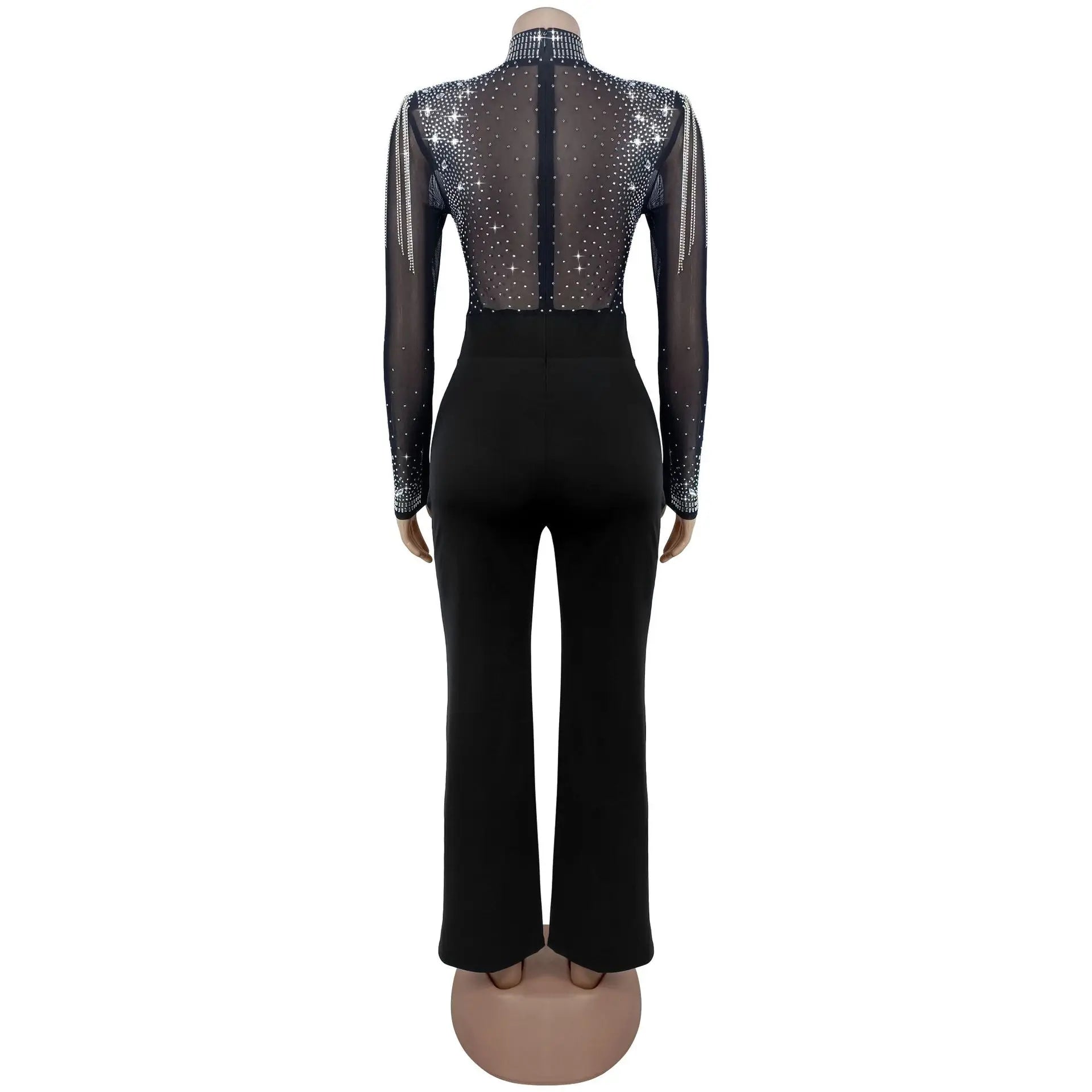 See Through Mesh Rhinestone Club Jumpsuit Sexy Women O-neck Elegant Shiny Tassel Diamonds Straight Romper Overalls - JN Fashion Fusion