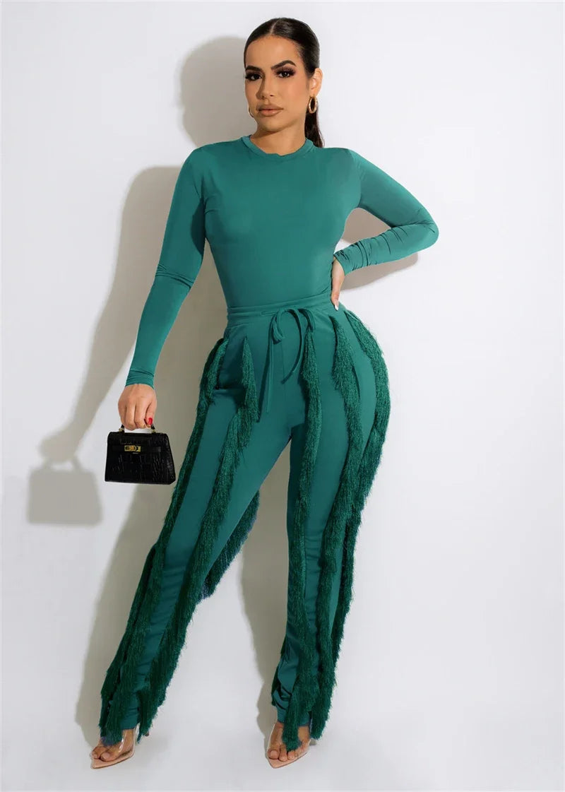 Elegant 2-piece women's outfit with long sleeve bodysuit top and tassel pants by JN Fashion Fusion, perfect for fall winter style.
