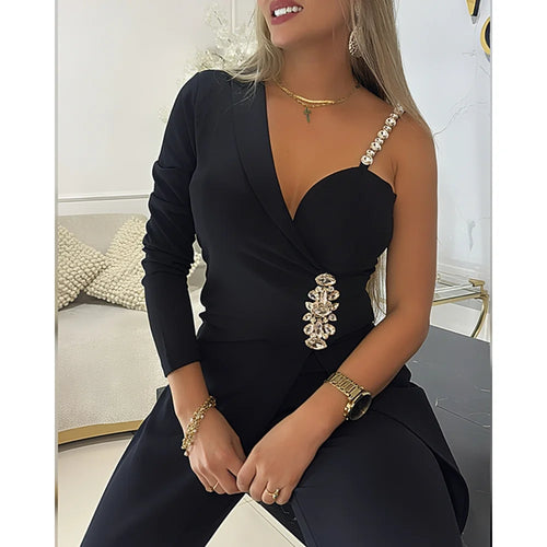 Autumn Casual One-Shoulder Rhinestone Decor Strap Slim Waist Jumpsuit Long Sleeve Wide Leg Black Romper for Women Party Wear