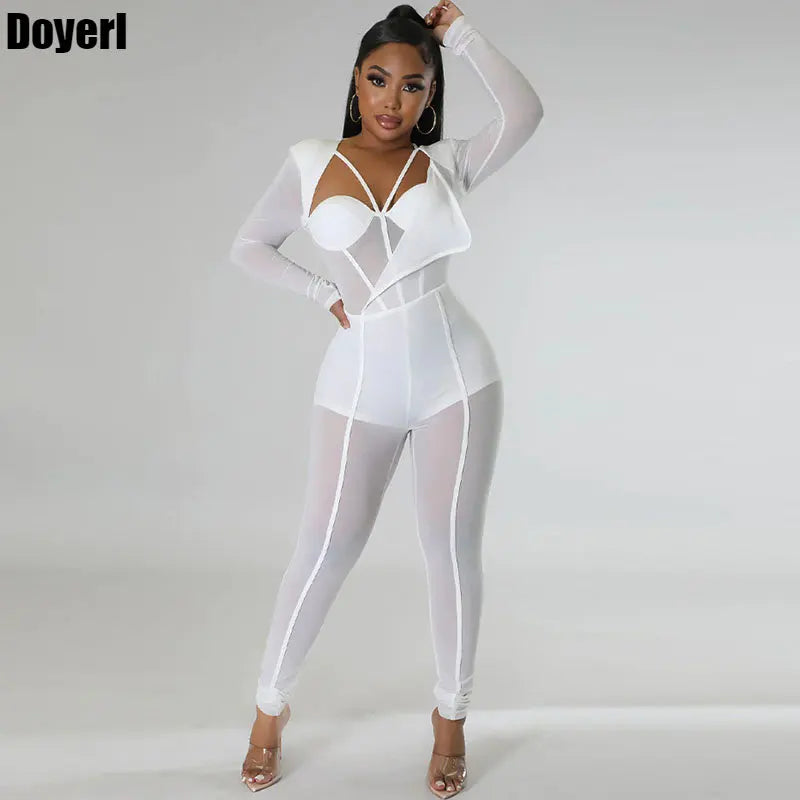 Sexy Mesh Patchwork Sheer Night Club Bodycon Jumpsuit for Women See Through One Piece Rompers Clubwear Party Birthday Outfits - JN Fashion Fusion