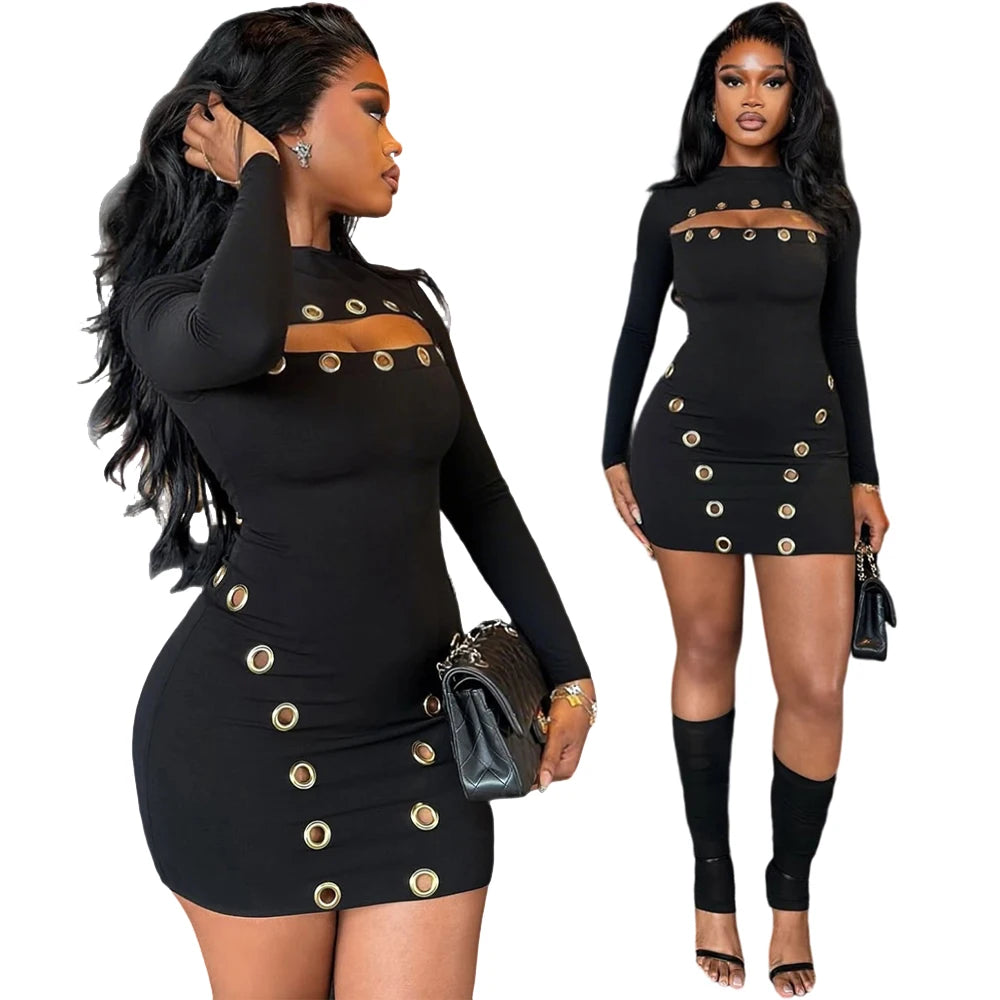 Sexy Metal Hollow Out Black Dress 2025 Fall Fashion Women Long Sleeve Bodycon Dress Elegant Party Birthday Mini Short Dresses - JN Fashion Fusion