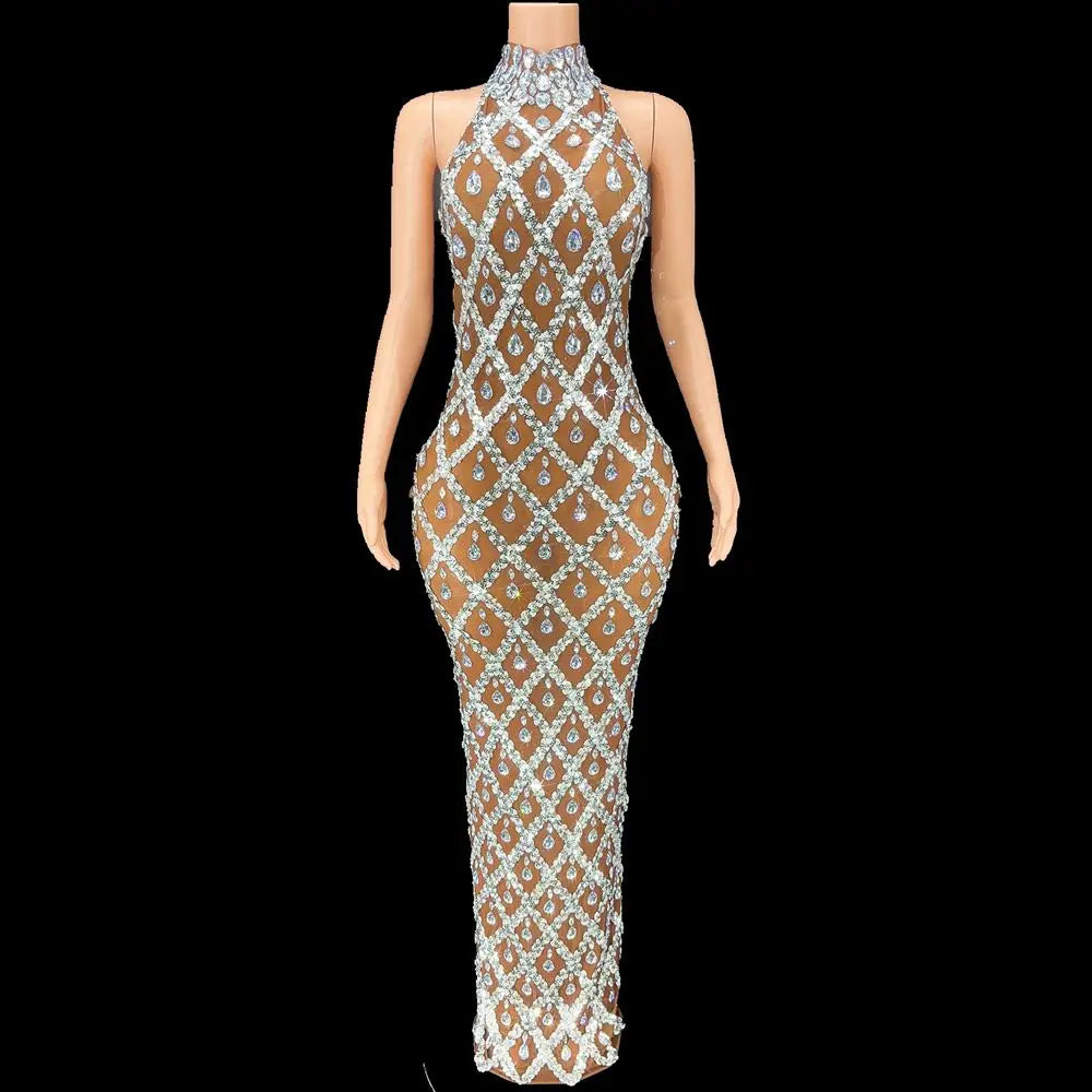 Elegant Dark Mesh Celebrate Evening Wedding Prom Gown Birthday Dress Photograph Wear Sparkly Rhinestones Sleeveless Long Dress - JN Fashion Fusion