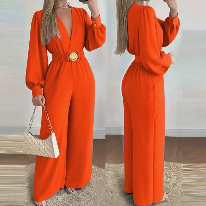 Autumn Elegant V-neck Solid Long Jumpsuits Fashion Commuting Belt Lace-Up Wide Legger Romper Casual Long Sleeve Women's Playsuit - JN Fashion Fusion